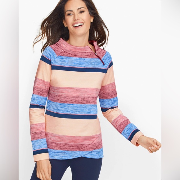 T by Talbots Women’s XL Striped Mock Neck Pullover Top Blue Pink Burgundy Cotton - Picture 4 of 10